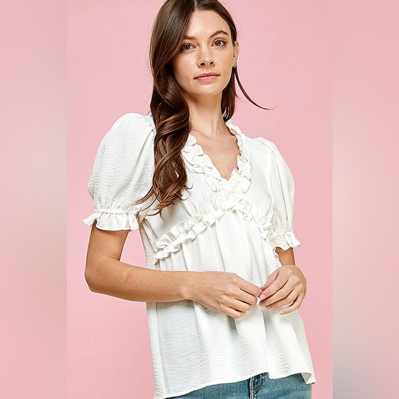 Lime N Chili Tops - Lime 'N' Chili Solid Ruffled Deep V-Neck Puff Sleeve Babydoll Top